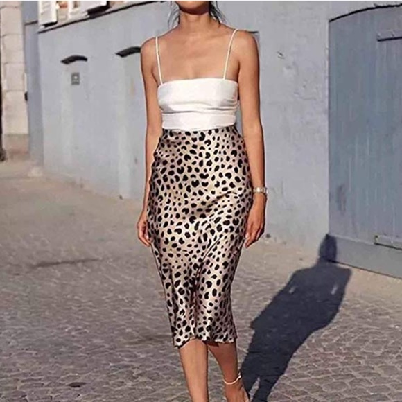 Dresses & Skirts - Satin Leopard Print Midi Skirt